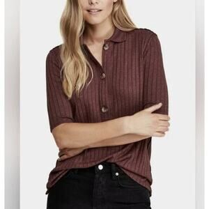 Free People Ribbed Knit Button Down Top‎ Burgundy Collar Short Sleeve XS